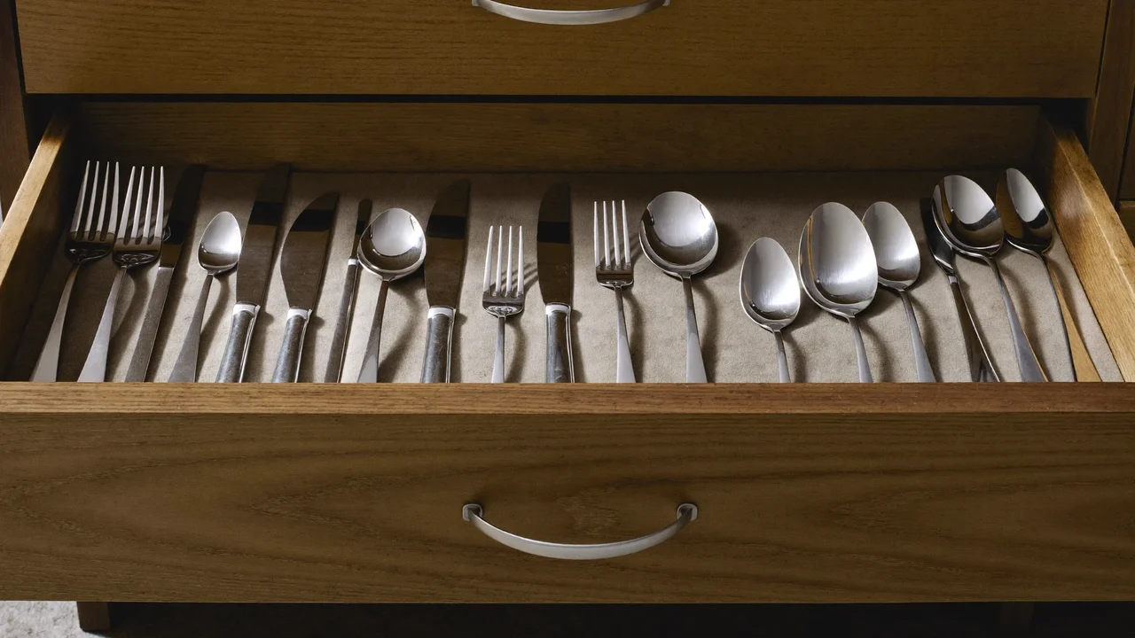 Besteck geordnet in einer offenen Holzschublade mit Stoffeinlage, Illustration